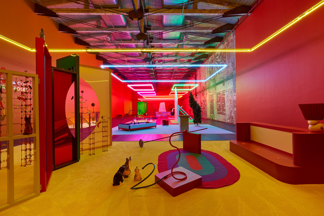 interior installation, neon, red and yellow