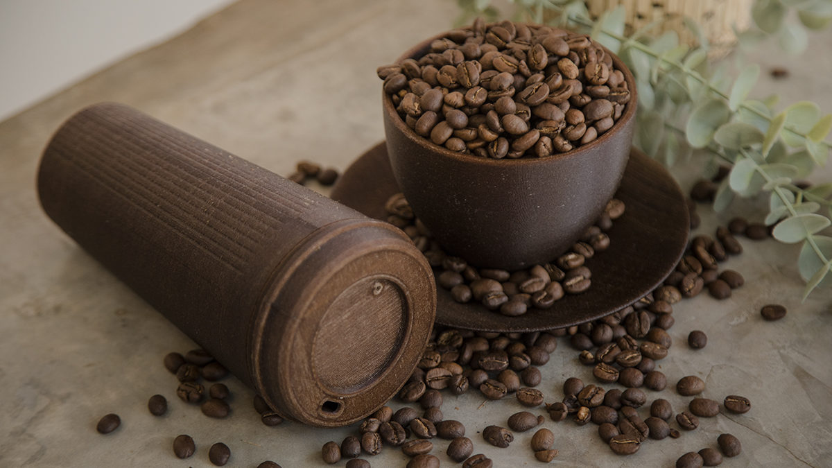 coffee and cup made from coffee waste